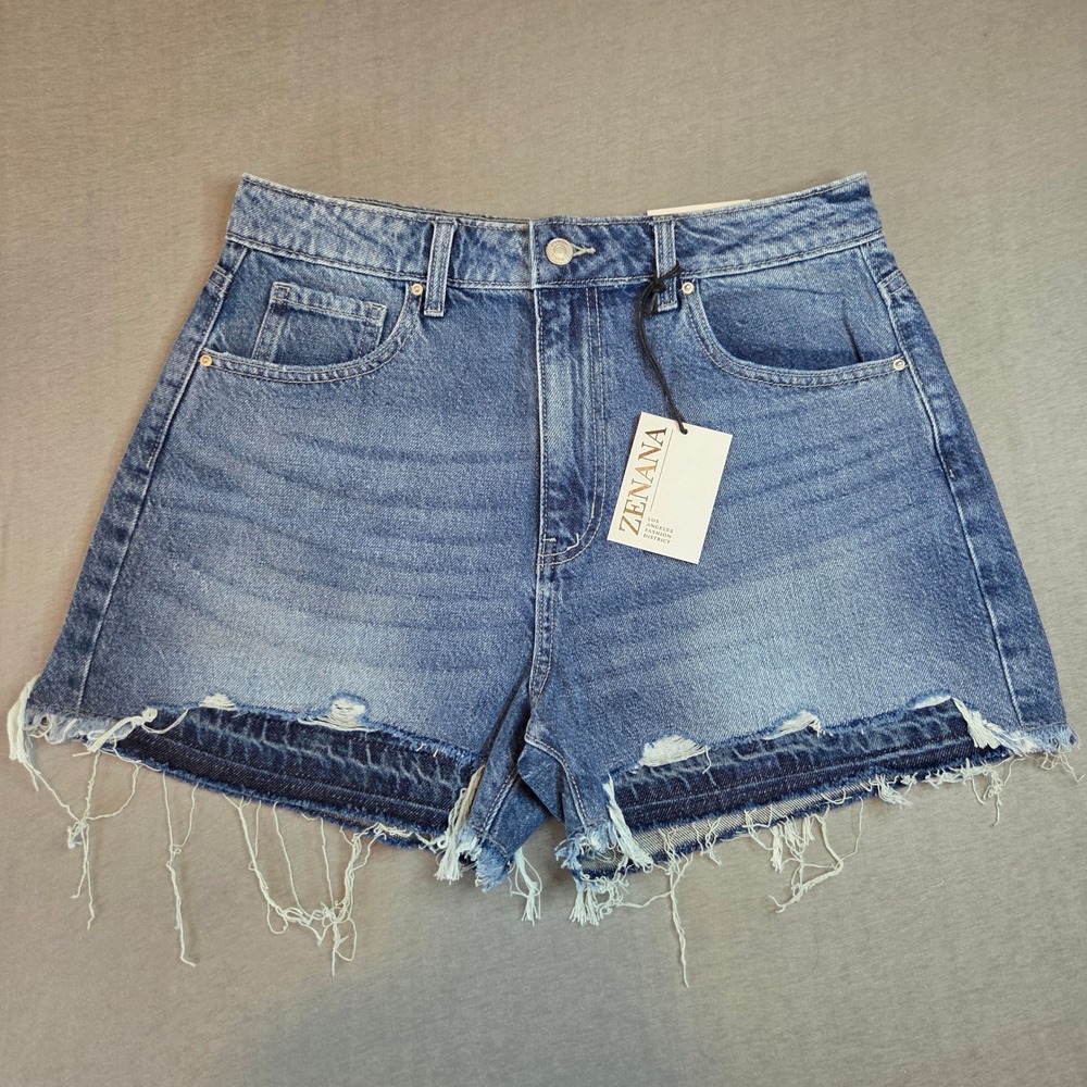 Zenana Womens High Waisted Distressed Frayed Raw Hem Denim Shorts Blue L